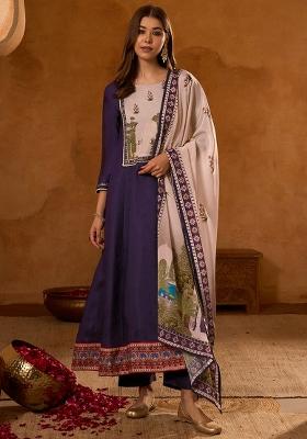Violet Printed Silk Blend Anarkali Set