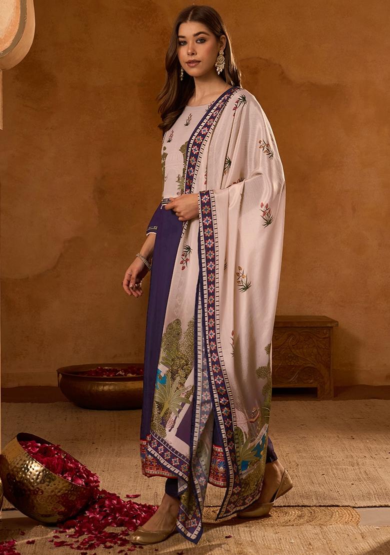 Violet Printed Silk Blend Anarkali Set - Indya