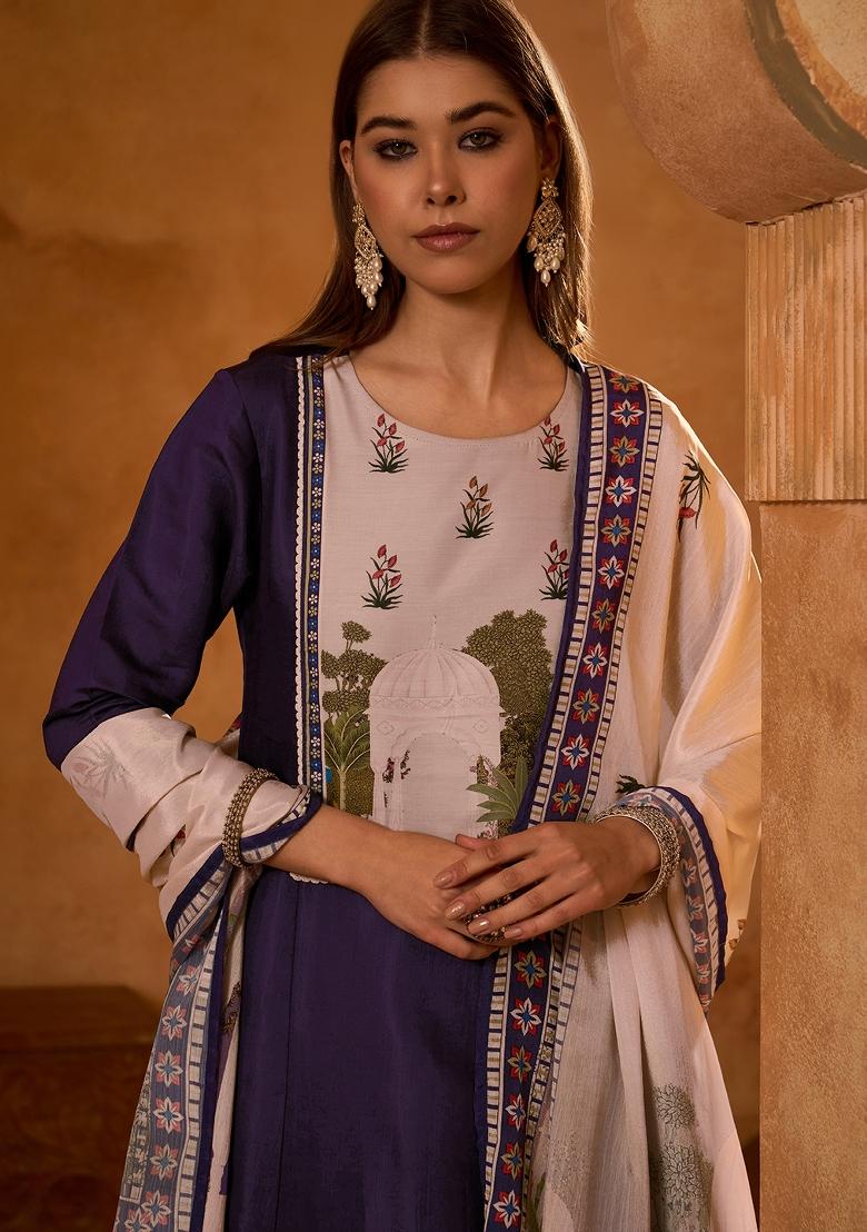 Violet Printed Silk Blend Anarkali Set - Indya