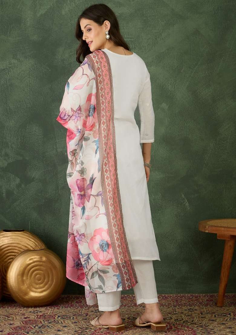 Off White Embroidered Cotton Kurta Set - Indya