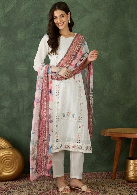 Off White Embroidered Cotton Kurta Set