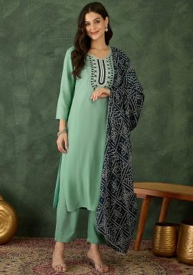 Pista Thread Work Rayon Kurta Set