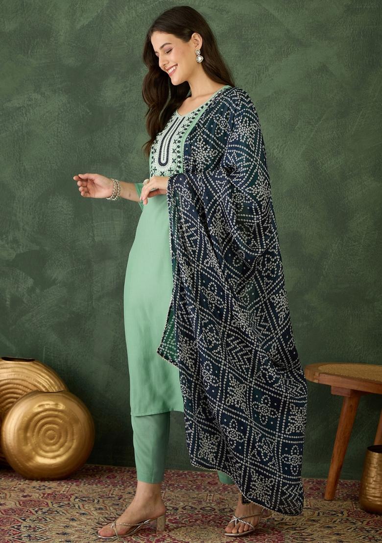Pista Thread Work Rayon Kurta Set - Indya