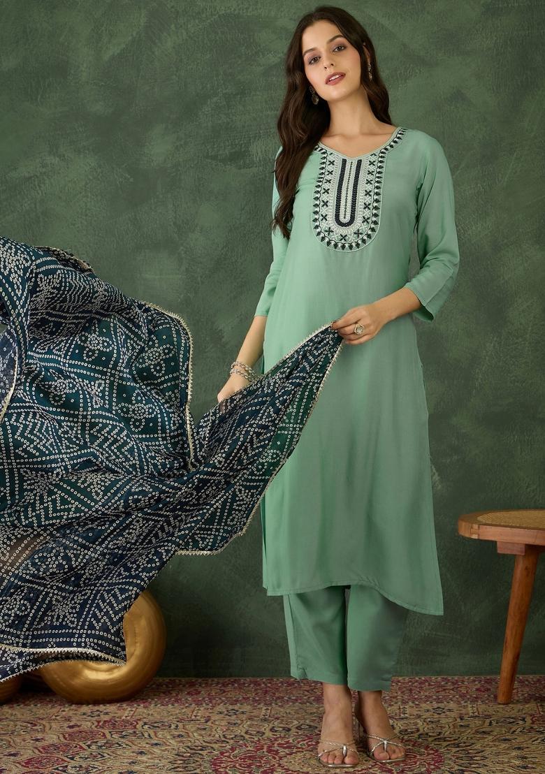 Pista Thread Work Rayon Kurta Set - Indya