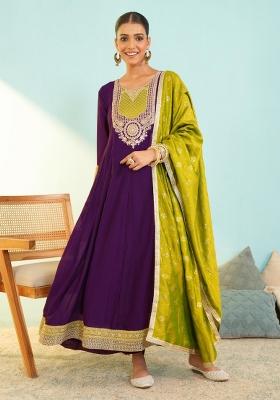 Wine Embroidered Silk Blend Anarkali Set