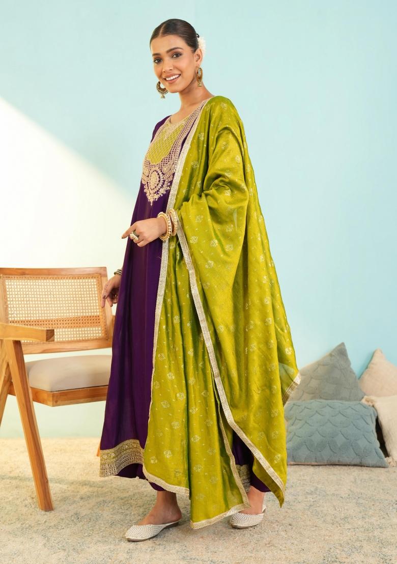 Wine Embroidered Silk Blend Anarkali Set - Indya