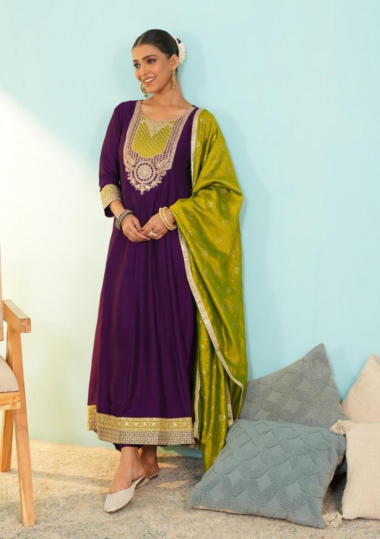 Wine Embroidered Silk Blend Anarkali Set - Indya