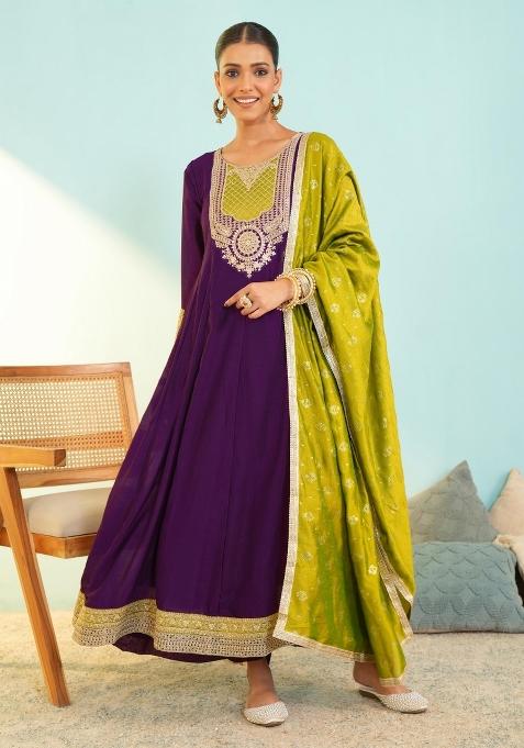 Wine Embroidered Silk Blend Anarkali Set