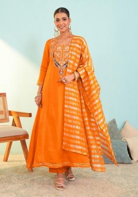 Orange Embroidered Silk Anarkali Set