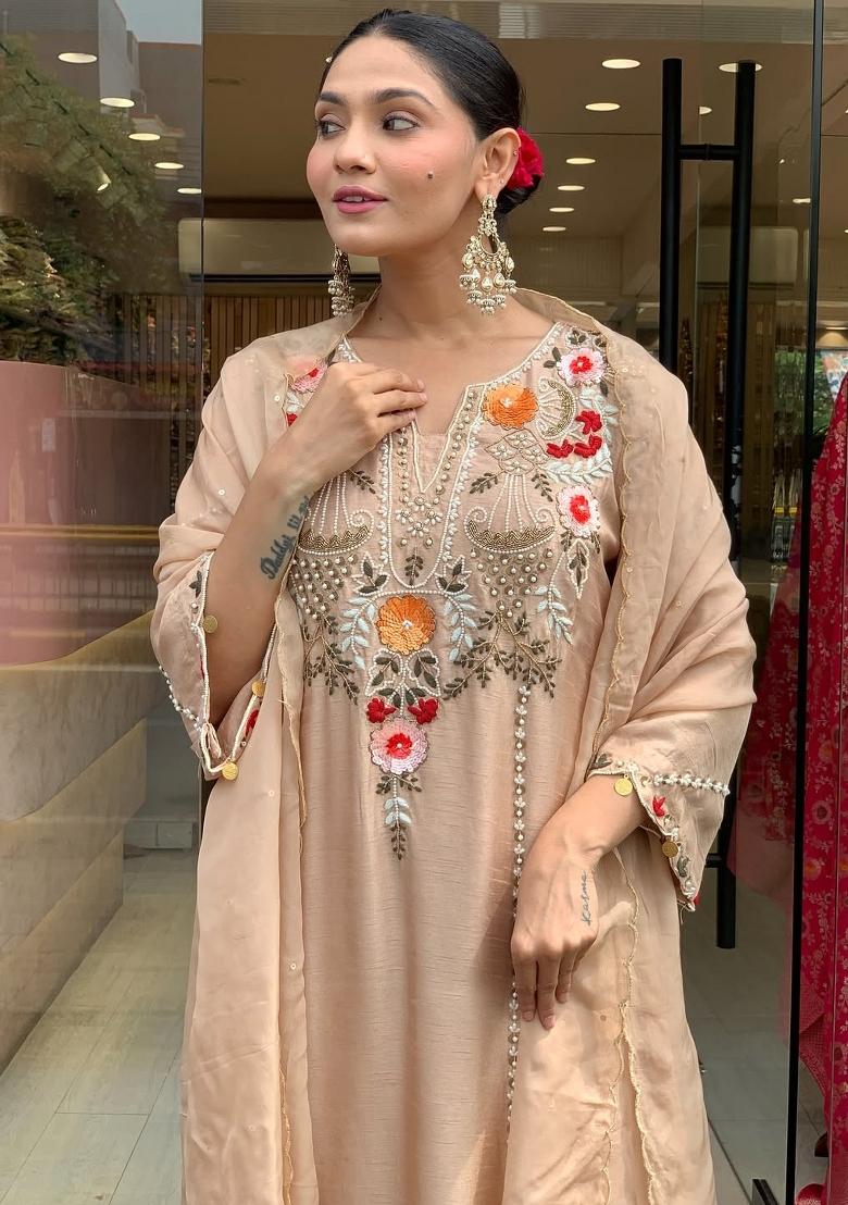 Cream Embroidered Chanderi Kurta Set - Indya