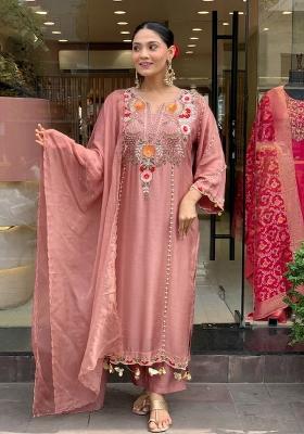 Peach Embroidered Chanderi Kurta Set