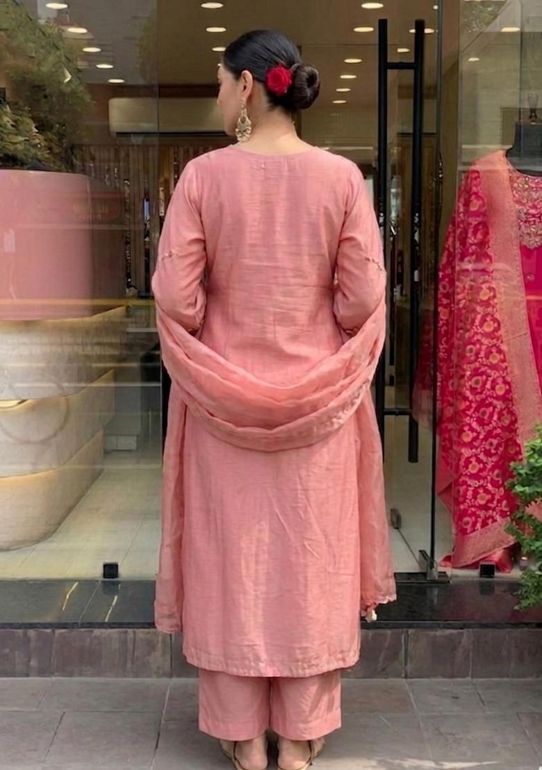 Peach Embroidered Chanderi Kurta Set - Indya