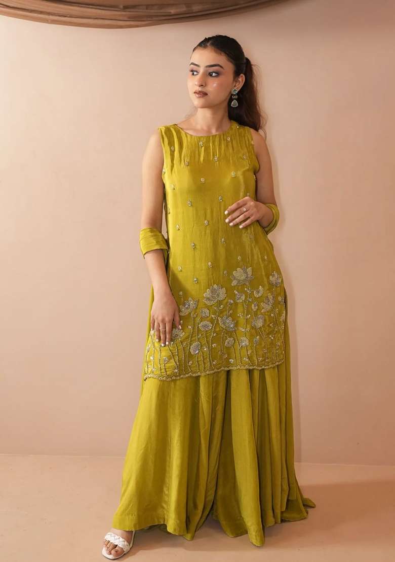 Liril Embroidered Silk Sharara Set - Indya