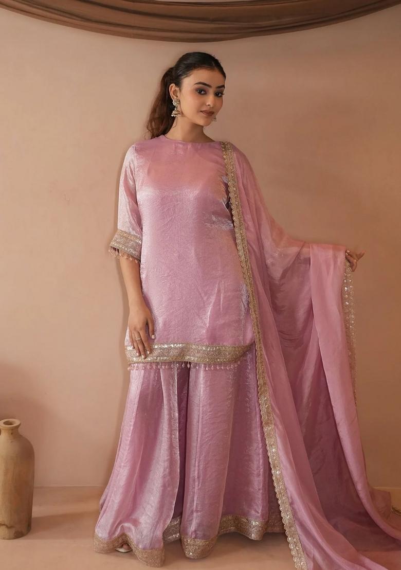 Pink Embroidered Satin Sharara Set - Indya