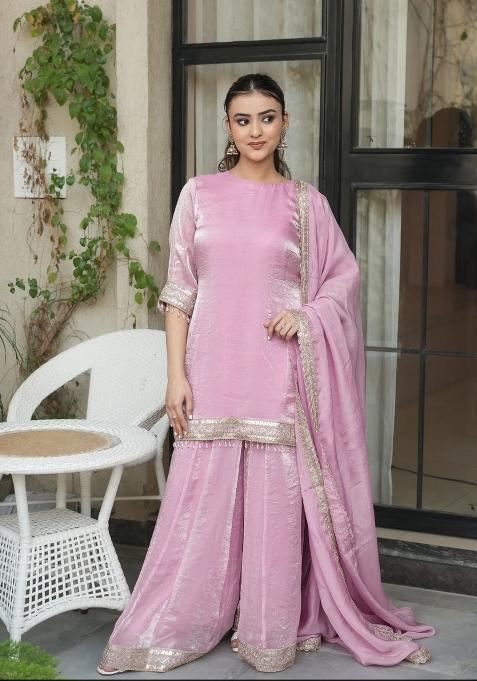 Pink Embroidered Satin Sharara Set