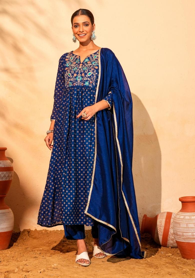 Blue Embroidered Silk Blend Kurta Set - Indya