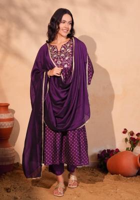 Wine Embroidered Silk Blend Kurta Set