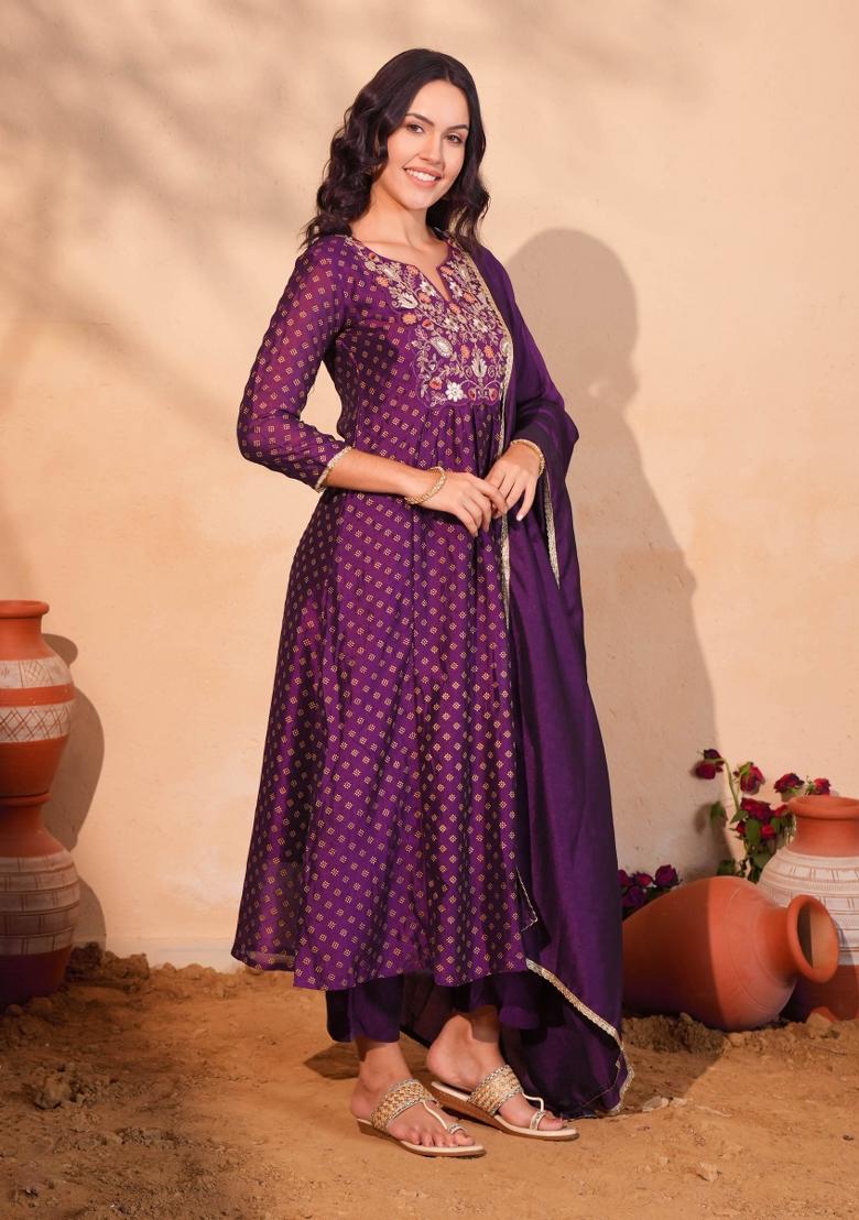 Wine Embroidered Silk Blend Kurta Set - Indya