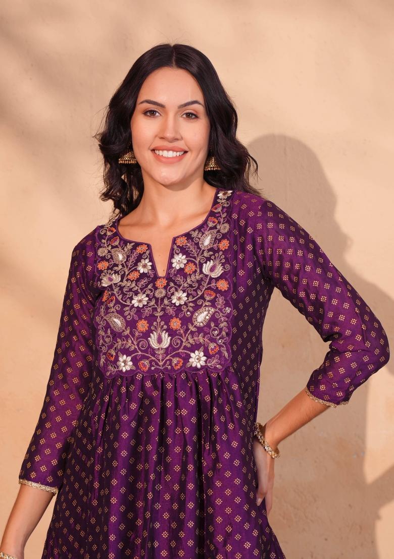Wine Embroidered Silk Blend Kurta Set - Indya