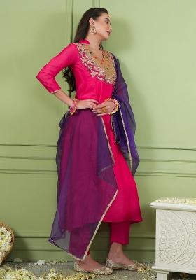 Rani Pink Embroidered Silk Blend Kurta Set