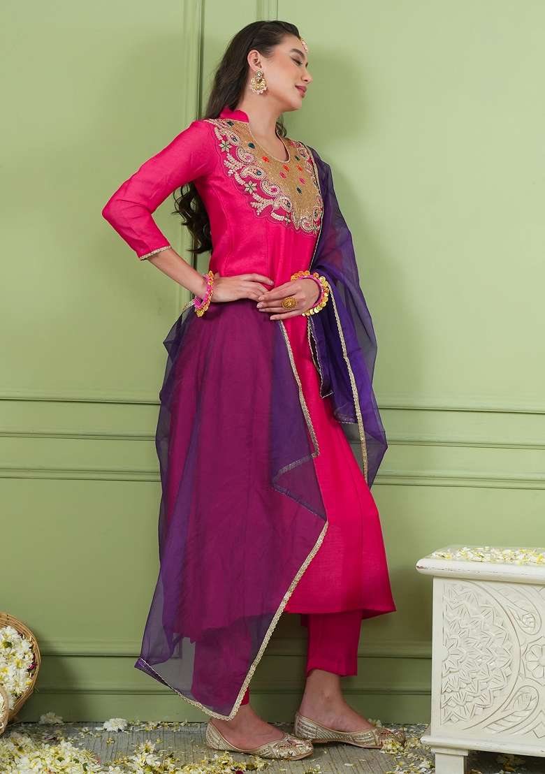 Rani Pink Embroidered Silk Blend Kurta Set - Indya