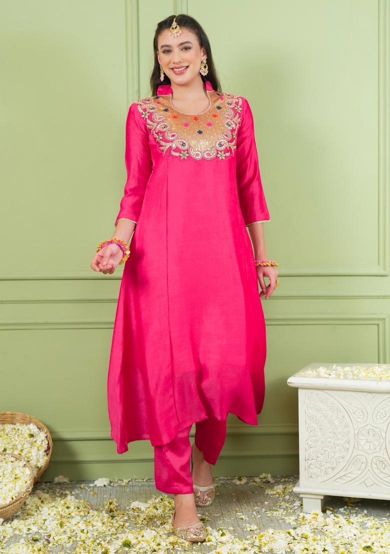 Rani Pink Embroidered Silk Blend Kurta Set - Indya