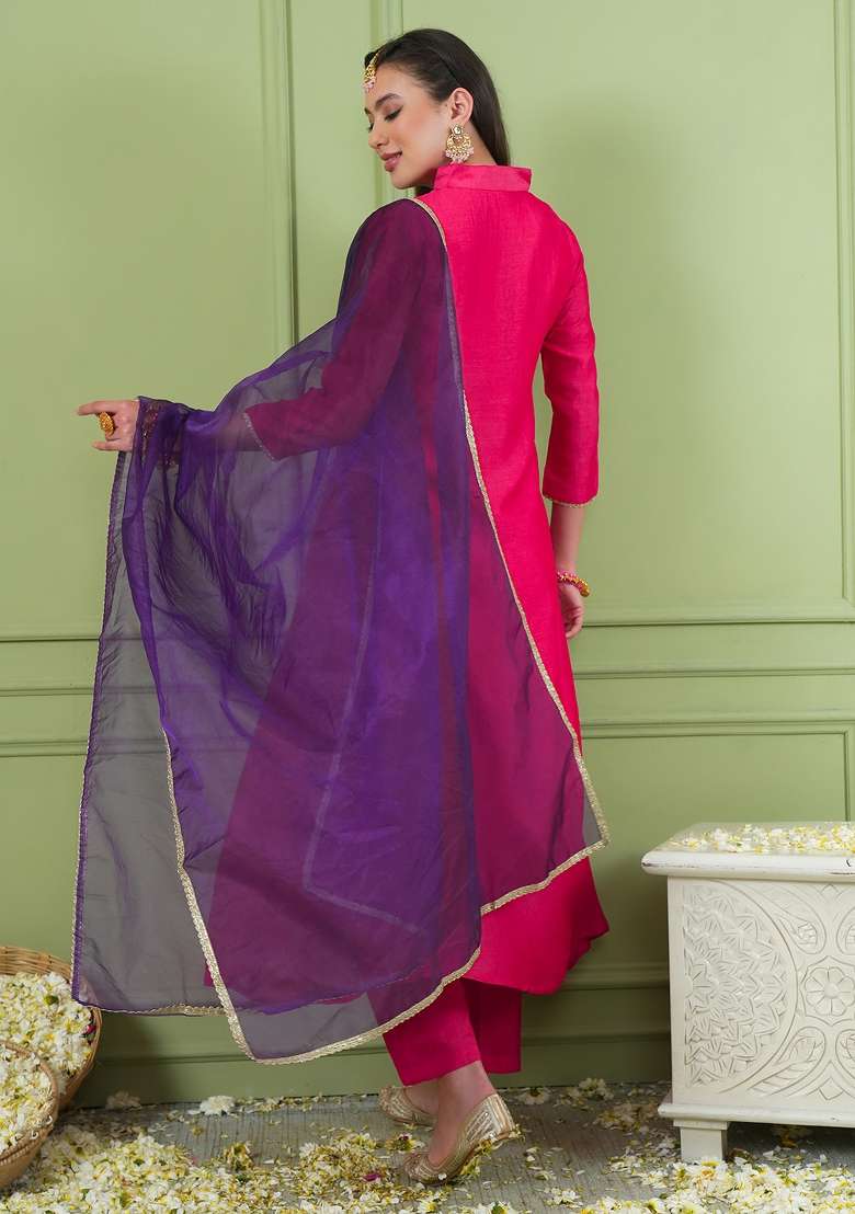 Rani Pink Embroidered Silk Blend Kurta Set - Indya