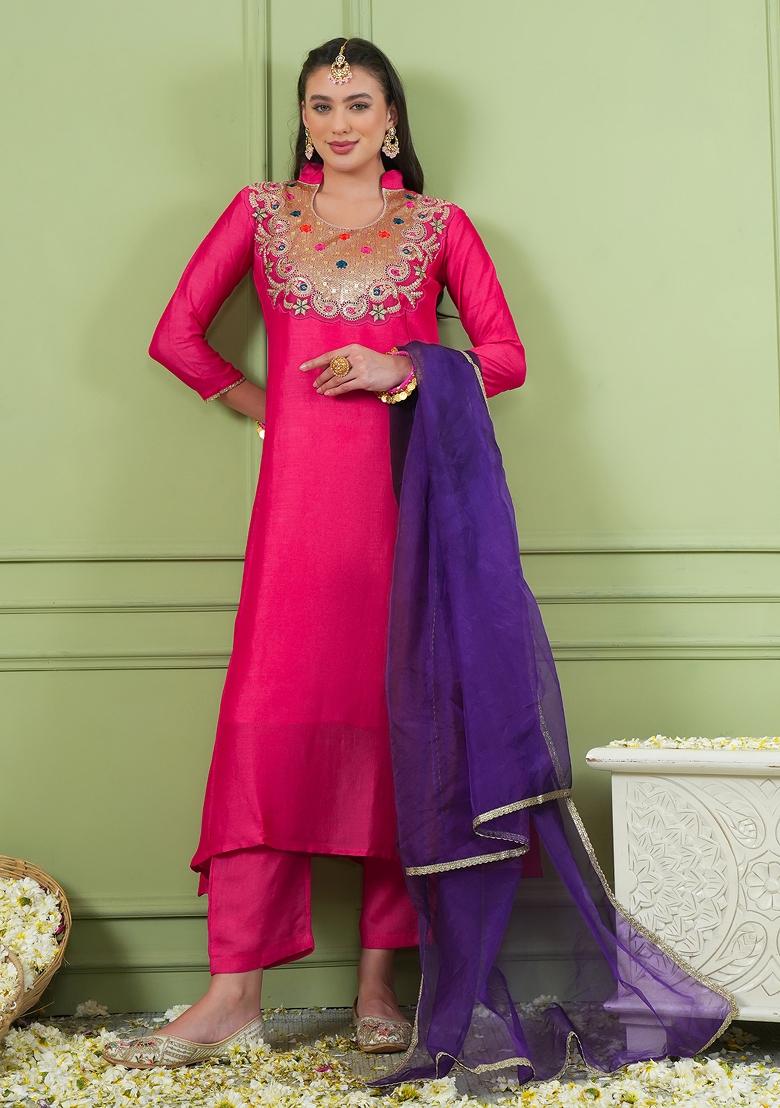 Rani Pink Embroidered Silk Blend Kurta Set - Indya