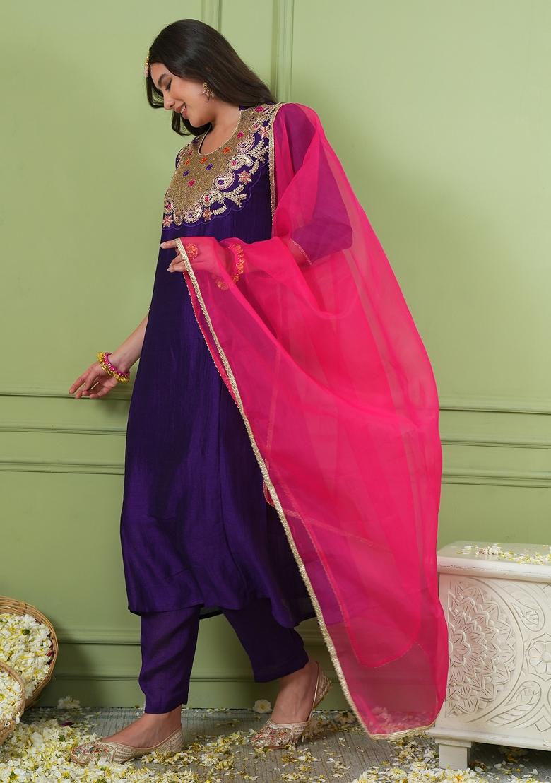 Violet Embroidered Silk Blend Kurta Set - Indya