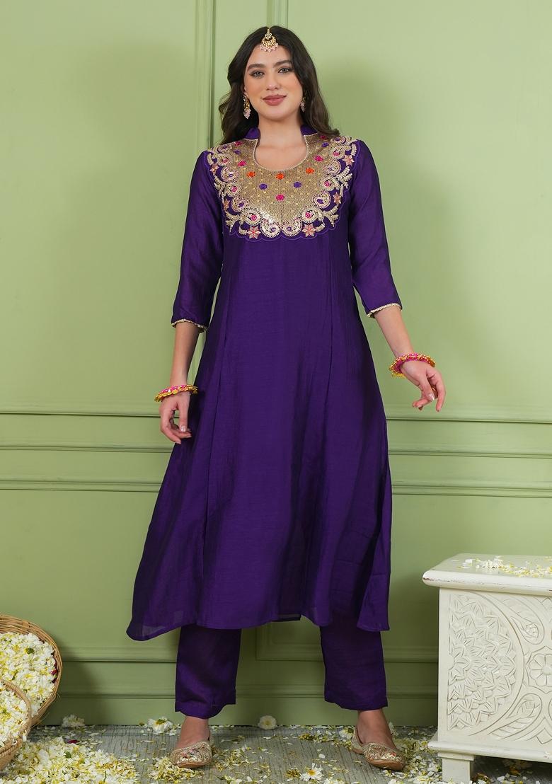 Violet Embroidered Silk Blend Kurta Set - Indya