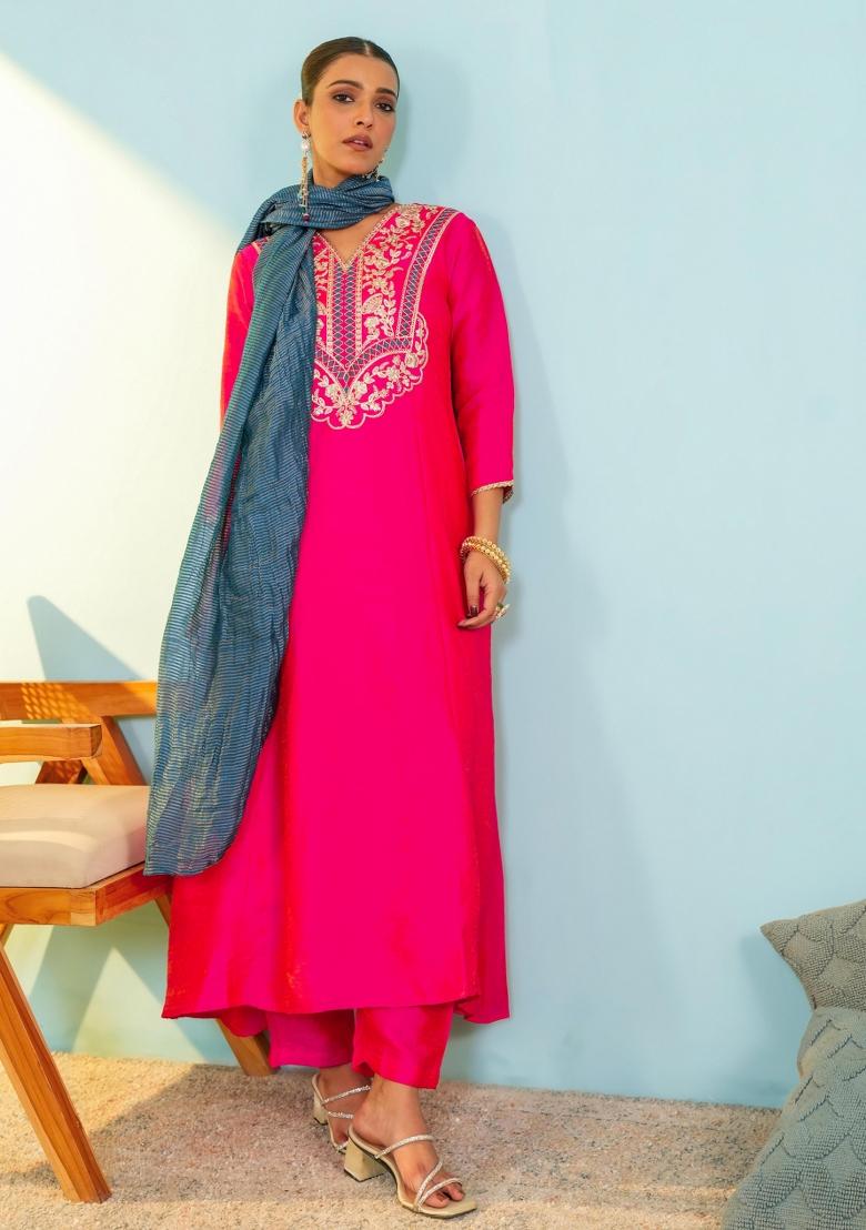 Gajari Embroidered Silk Blend Anarkali Set - Indya
