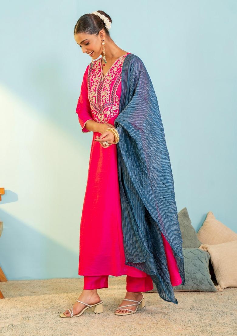 Gajari Embroidered Silk Blend Anarkali Set - Indya