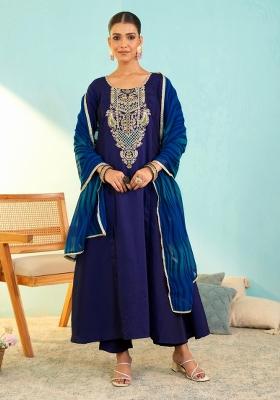 Blue Embroidered Silk Blend Anarkali Set