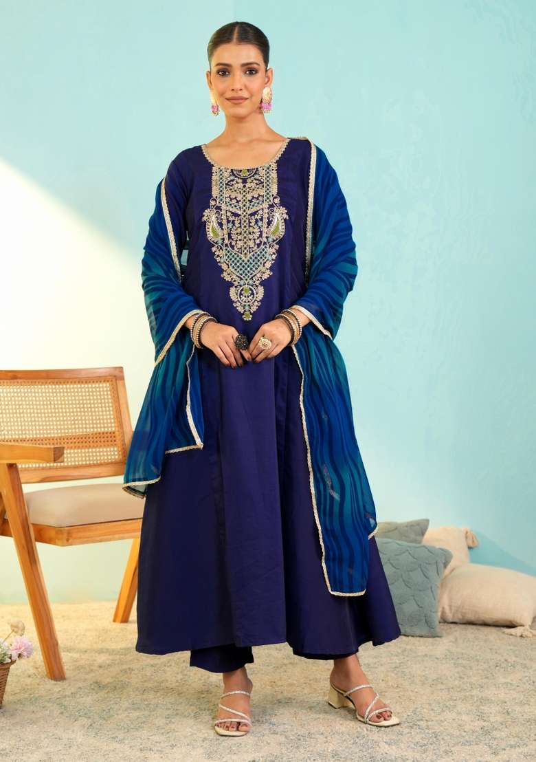 Blue Embroidered Silk Blend Anarkali Set - Indya