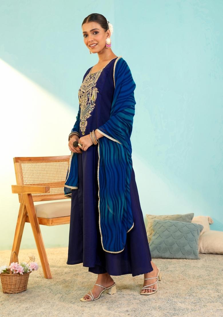 Blue Embroidered Silk Blend Anarkali Set - Indya