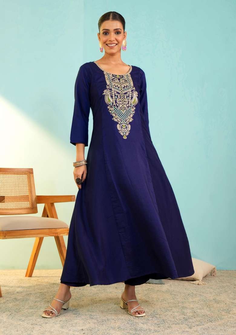 Blue Embroidered Silk Blend Anarkali Set - Indya