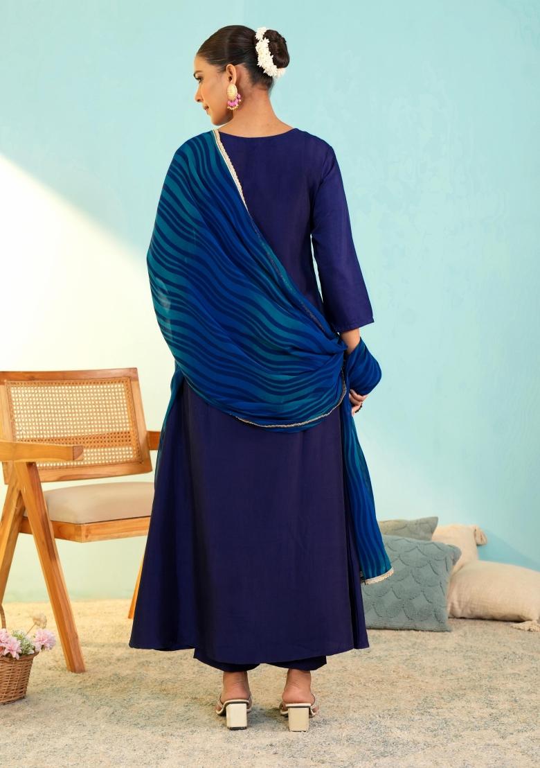 Blue Embroidered Silk Blend Anarkali Set - Indya