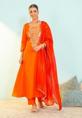 Orange Embroidered Silk Blend Anarkali Set