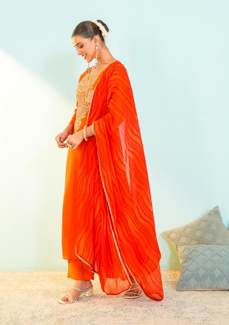 Orange Embroidered Silk Blend Anarkali Set - Indya