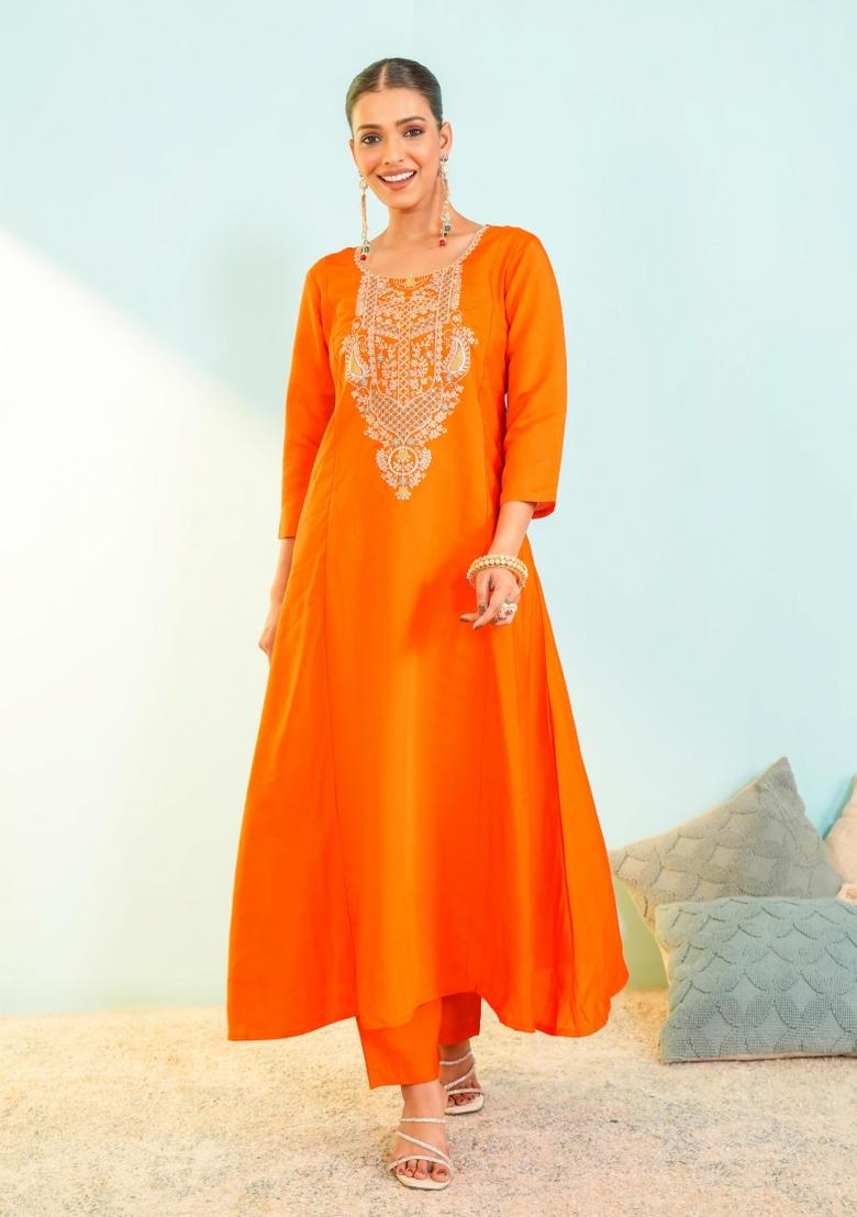 Orange Embroidered Silk Blend Anarkali Set - Indya