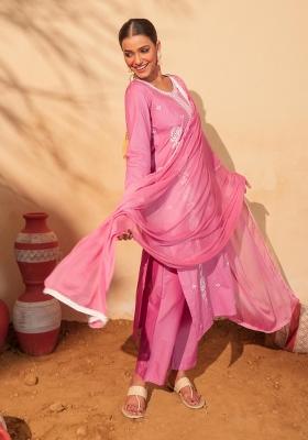 Peach Thread Work Cotton Kurta Set