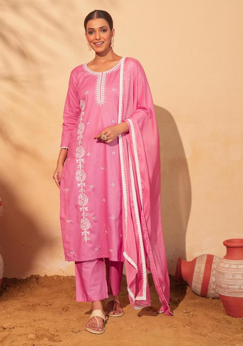 Peach Thread Work Cotton Kurta Set - Indya