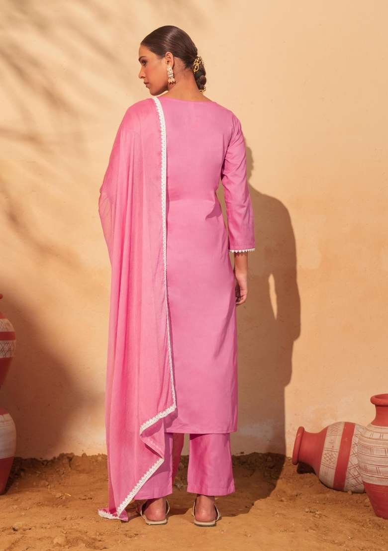 Peach Thread Work Cotton Kurta Set - Indya