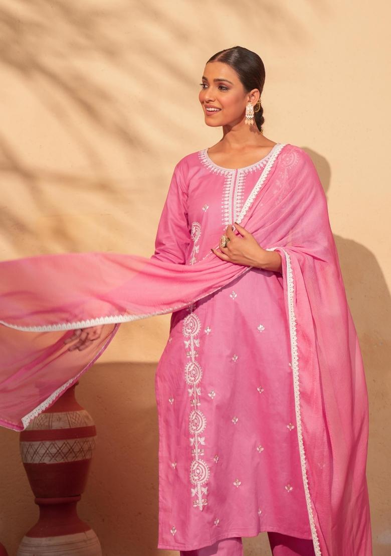 Peach Thread Work Cotton Kurta Set - Indya