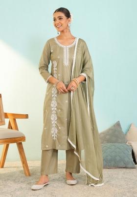 Pista Thread Work Cotton Kurta Set