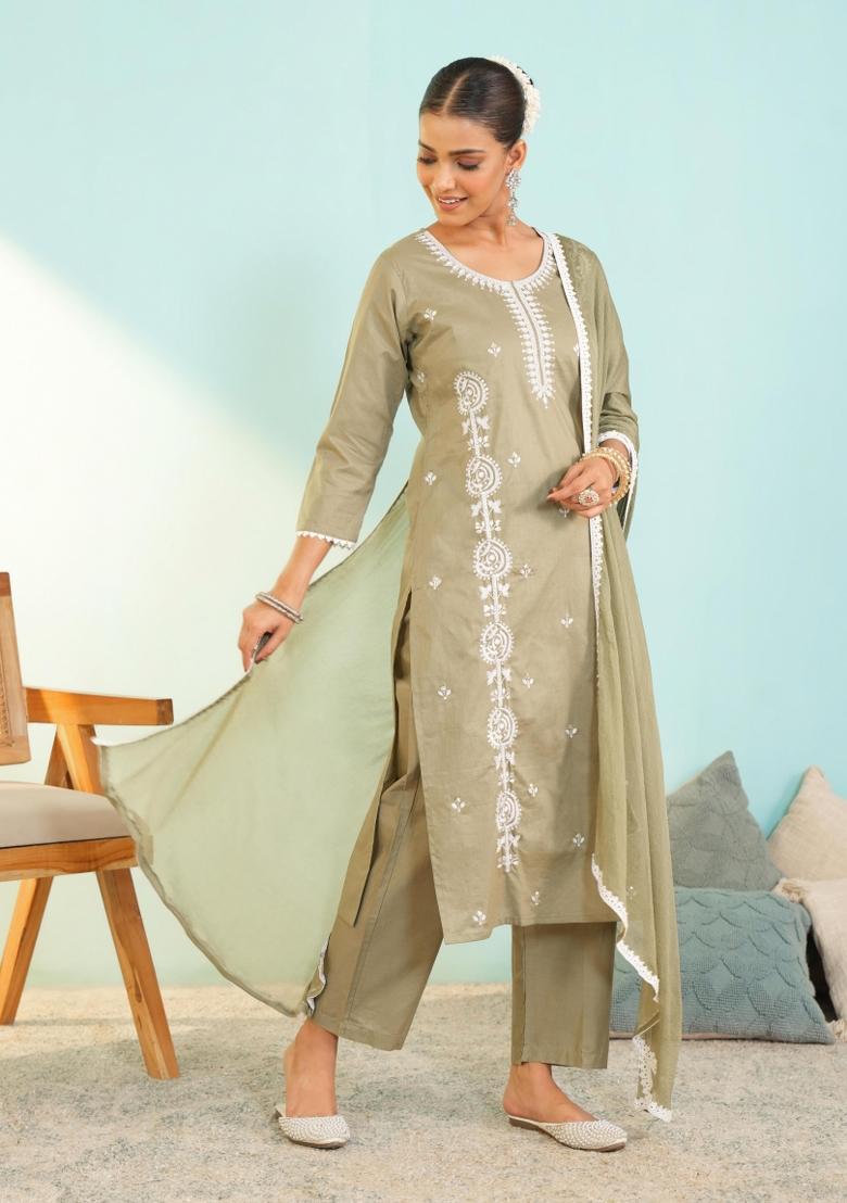 Pista Thread Work Cotton Kurta Set - Indya