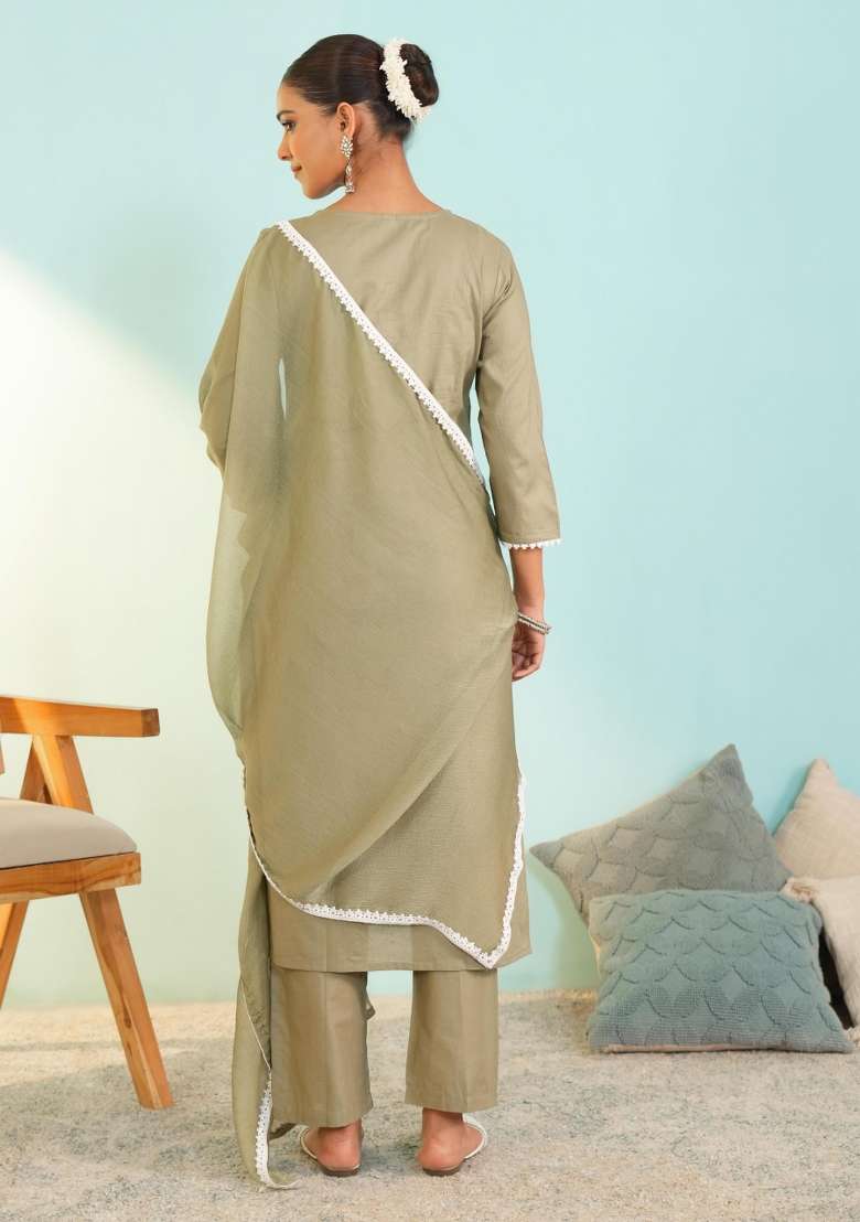 Pista Thread Work Cotton Kurta Set - Indya