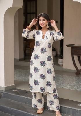 White Printed Cotton Kurta Set
