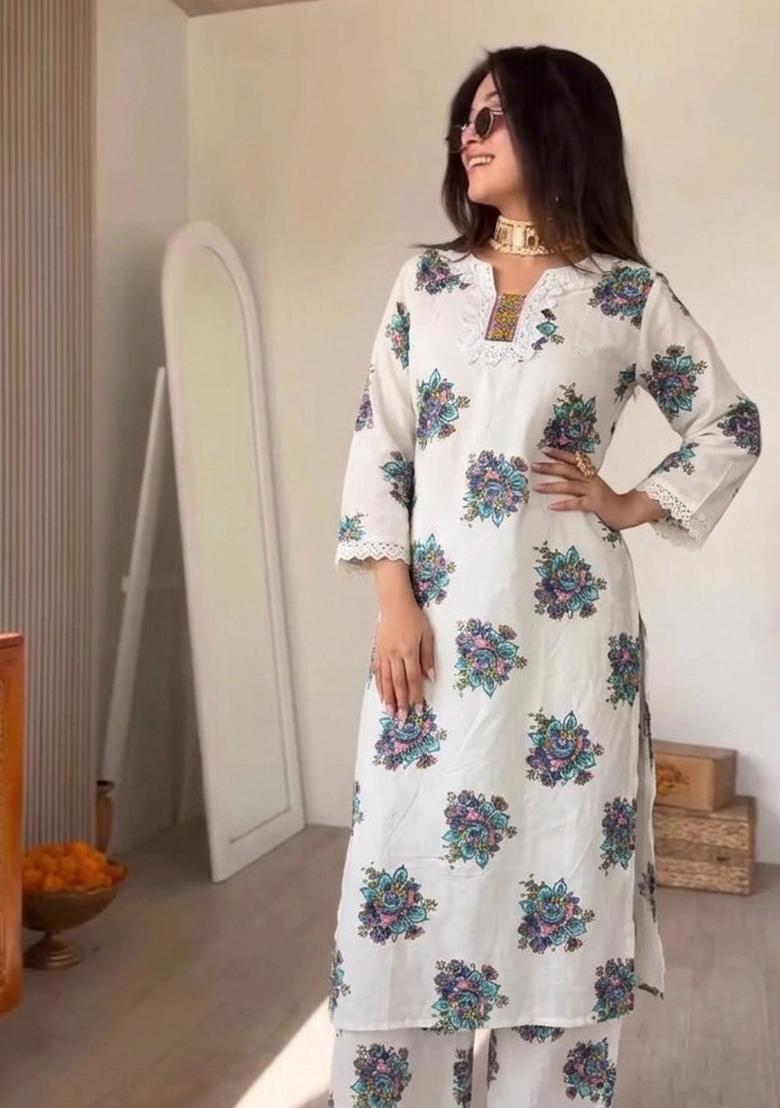 White Printed Cotton Kurta Set - Indya