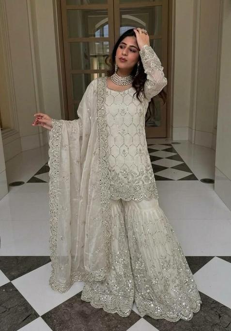 White Sequin Work Silk Sharara Suit